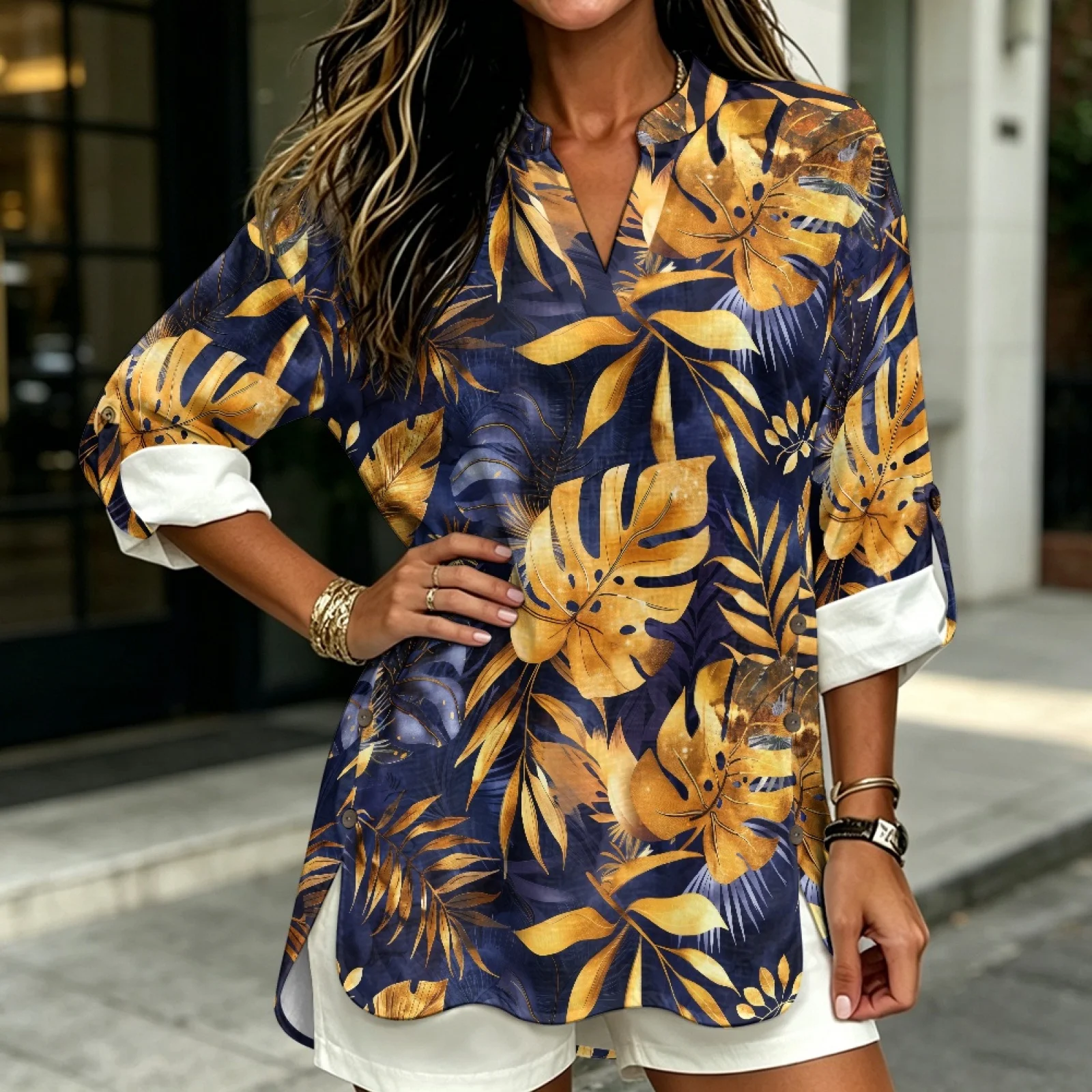 PENSTROLL Golden Tropical Leaf Comfortable Women's Long Sleeve Tops for Beach Walks Linen Style Notch V Neck Blouses Sizes S-5XL