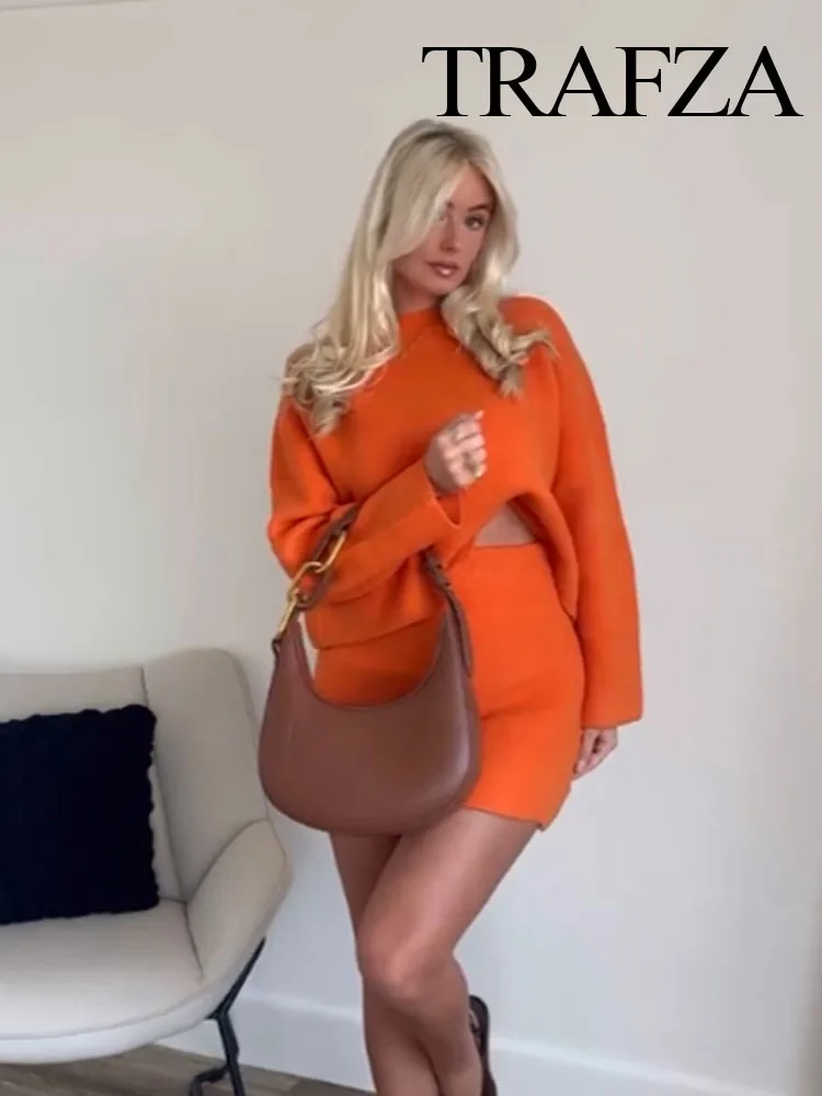 TRAFZA Spring Fashion Women Skirt Suits Orange O-Neck Long Sleeves Pullover+Elastic Waist Mini Skirts Female Casual Knitting Set