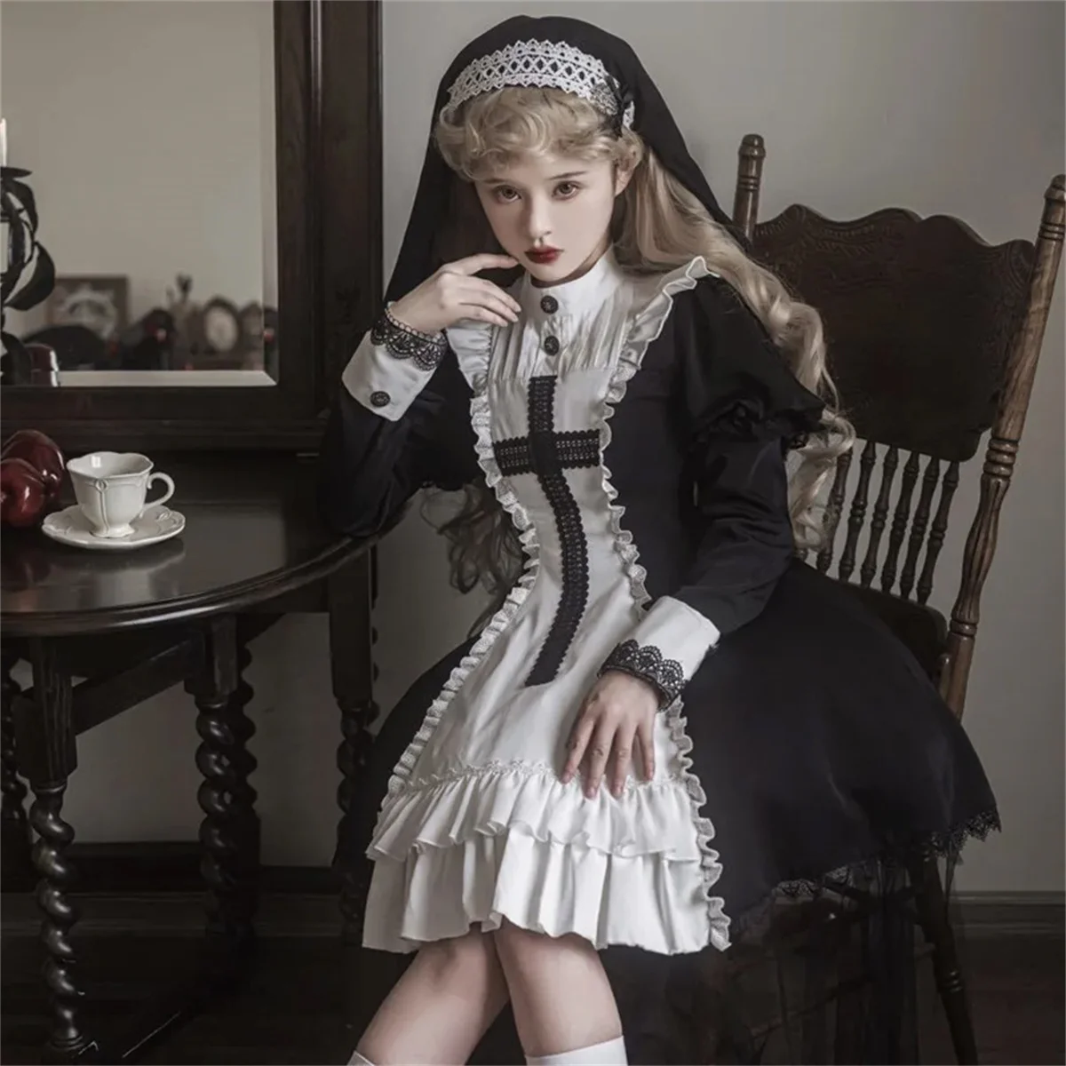 French Retro Style Lolita OP The Nuns Of The Church Sweet Lace Bow Bubble Sleeve Crucifix Stand Collar Buttons Elegant Dress