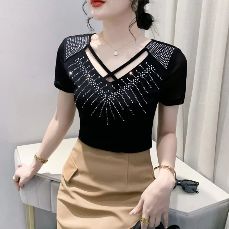 

#5653 Summer Black Blue Red Short Sleeve T Shirt Women Diamons V-neck Korean Style Tight Tshirt Elastic Mesh T Shirt Femme Sexy