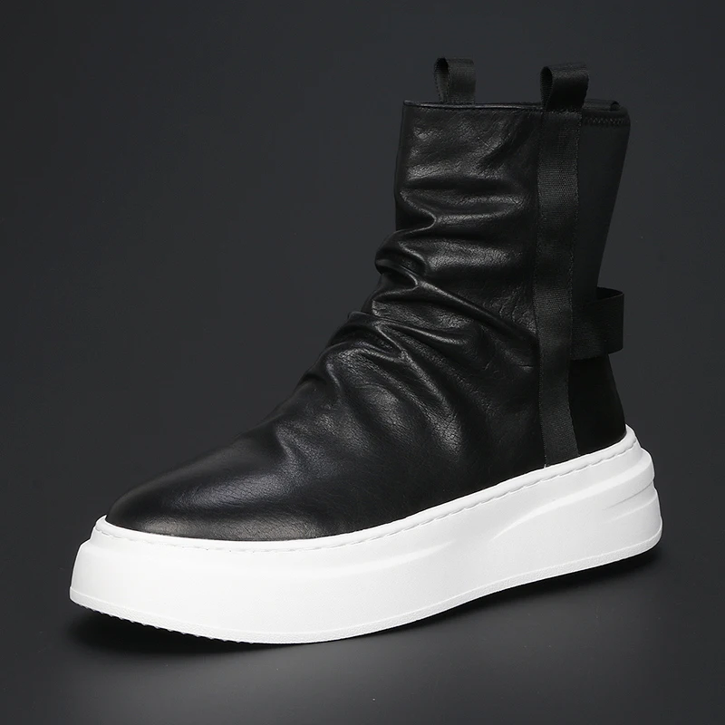 New Leather Thick Soled Men's Boots Increase Comfort All Fashion Korean Version High Top Shoes Black Fashion Ankle Boots