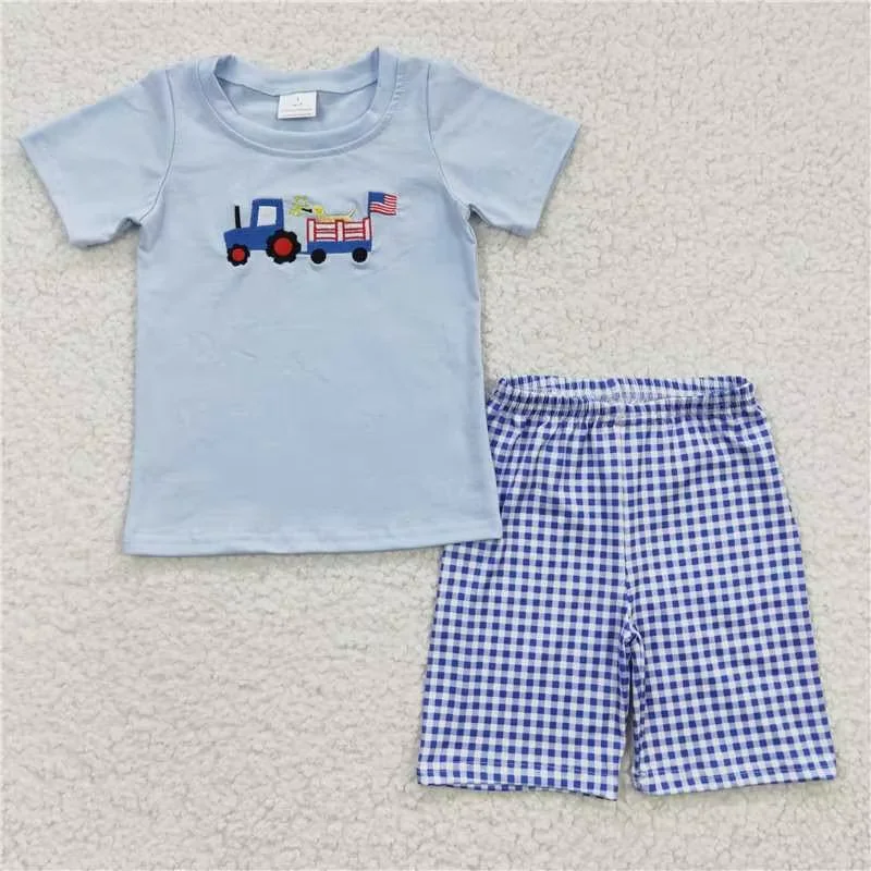 Wholesale Baby Boy Girl July 4th Outfit Toddler Embroidery Flags Tractors Shirt Kids Summer Set Children Blue Checked Shorts