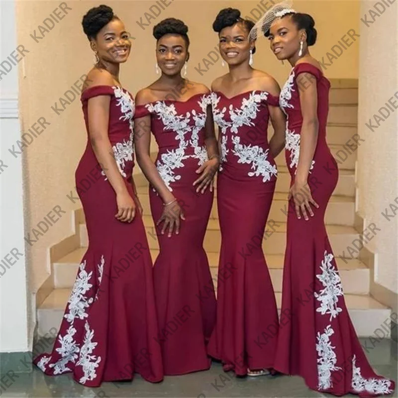 

Long Mermaid Burgundy Afrcian Bridesmaid Dresses for Black Girls robe demoiselle d’honneur de mariage