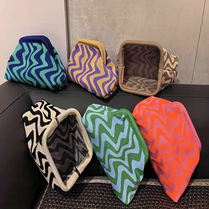 Cross-border Best-selling Wavy Knitted Tote Bag, Cosmetic Pouch, Striped Large-capacity Everyday Versatile Clip-on Bag