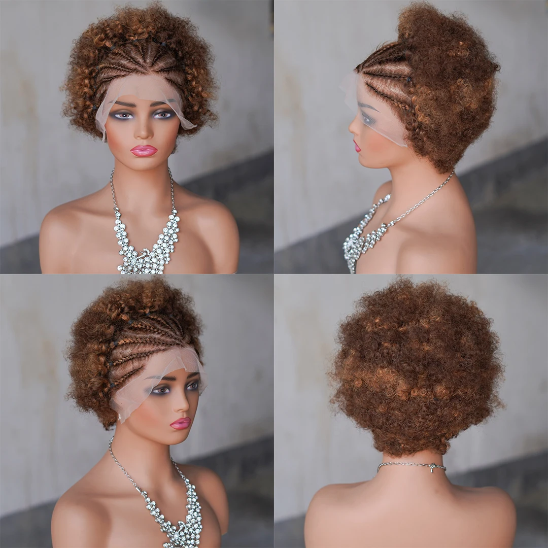 여성용 아프로 곱슬 가발, 브레이드가 있는 다채로운 인모 가발, 13 × 4 레이스 프론트 가발, 레미 인모 가발