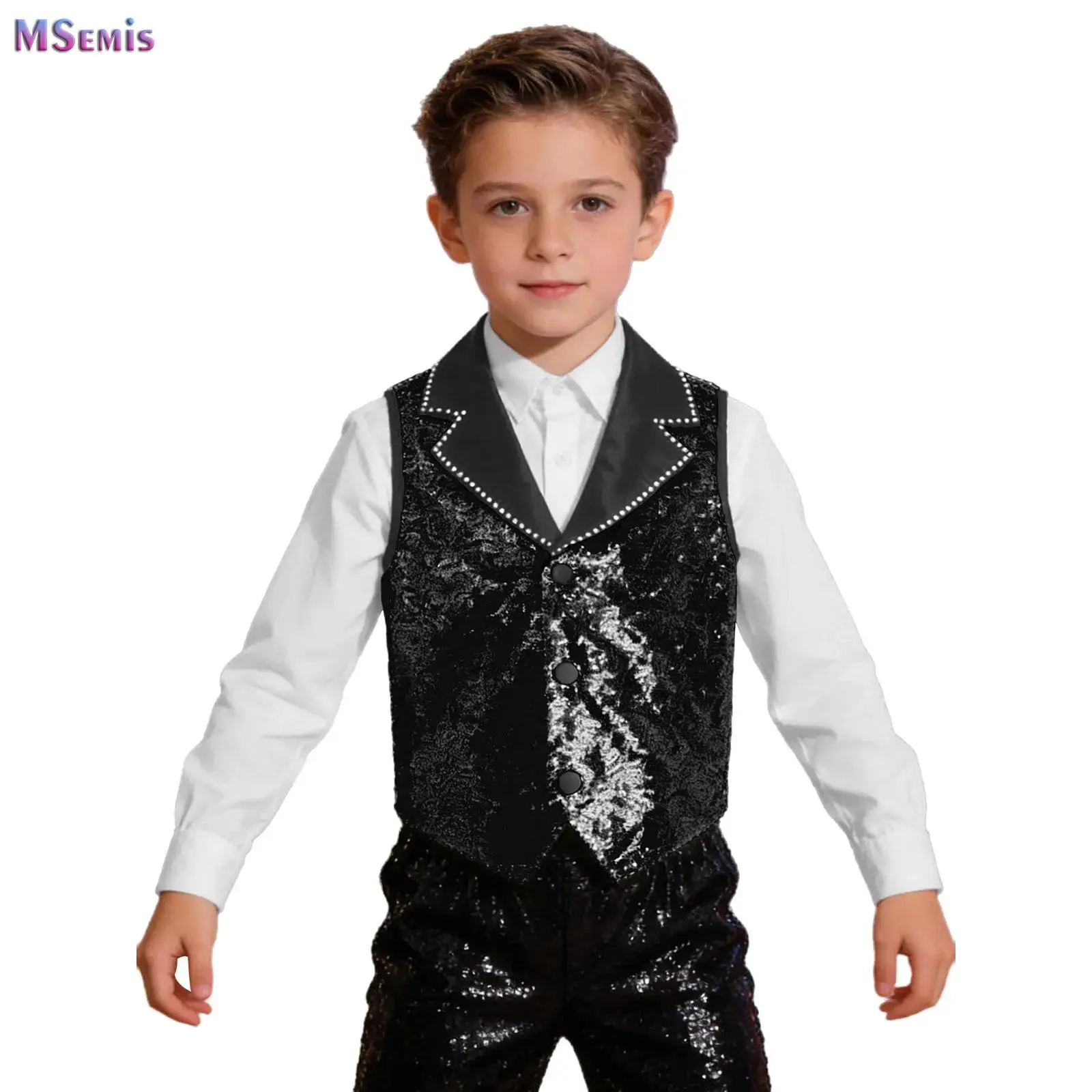 

Kids Girls Boys Hippie Sequin Waistcoat Disco Jazz Modern Dance Clothes Asymmetrical Sleeveless Vest Choir Performance Clothes