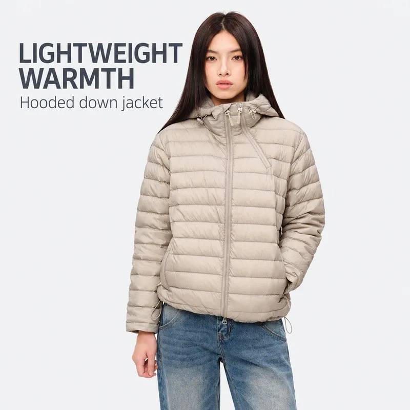 Womens Hooded Down Jacket Polyamide Horizontal Quilted Zip Front Long Sleeve Drawstring Hem Casual Short Coat Autumn Winter Wear