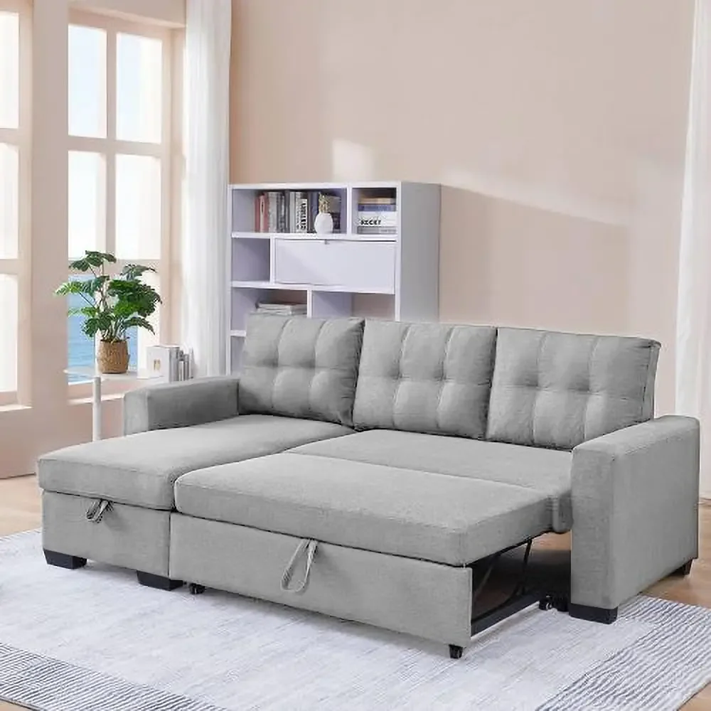 

L-Shape Convertible Sleeper Sectional Sofa with Storage Chaise and Pull-Out Bed,Linen Upholstered Reversible Corner Couch w/Arms