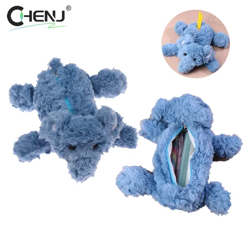 만화 파란색 코끼리 연필 케이스 대용량 플러시 펜 파우치, 문구 보관 가방, 여행 메이크업 가방, 소녀 선물 