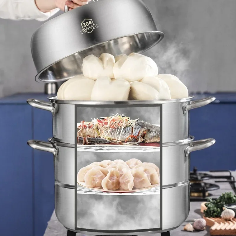 Large-capacity SUS304 stainless steel steamer Three-layer thickened household multi-layer steamer steamed bread steamed fish pot