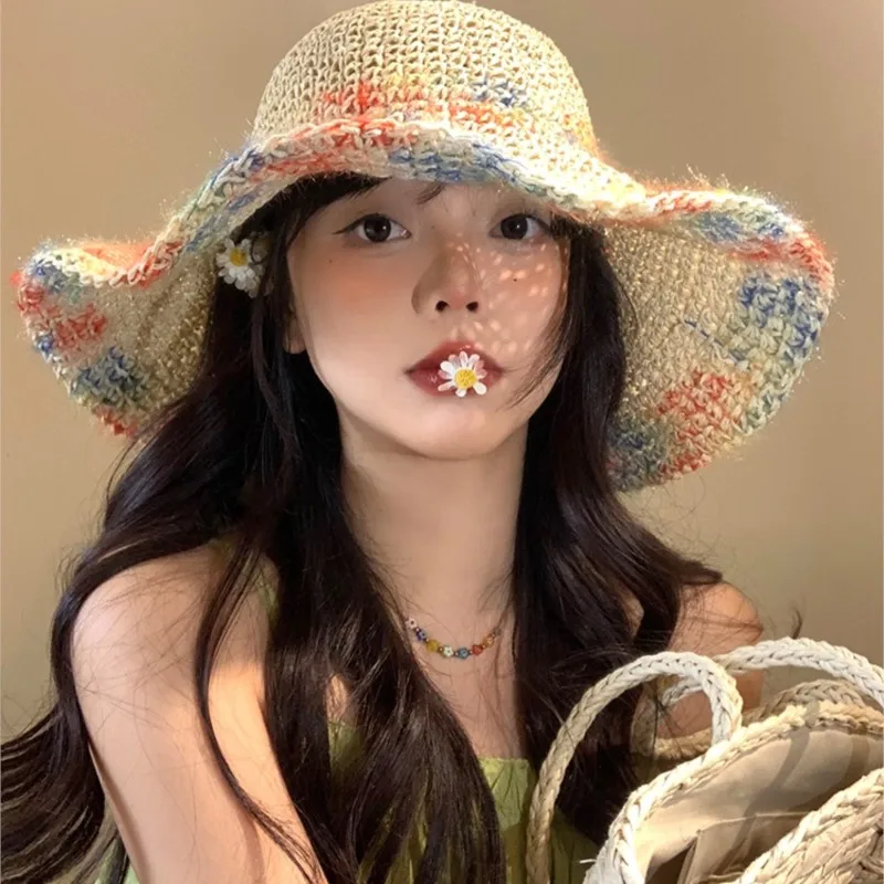 Color Woven Big Brim Hat Women's Seaside Vacation Sunshade Breathable Bucket