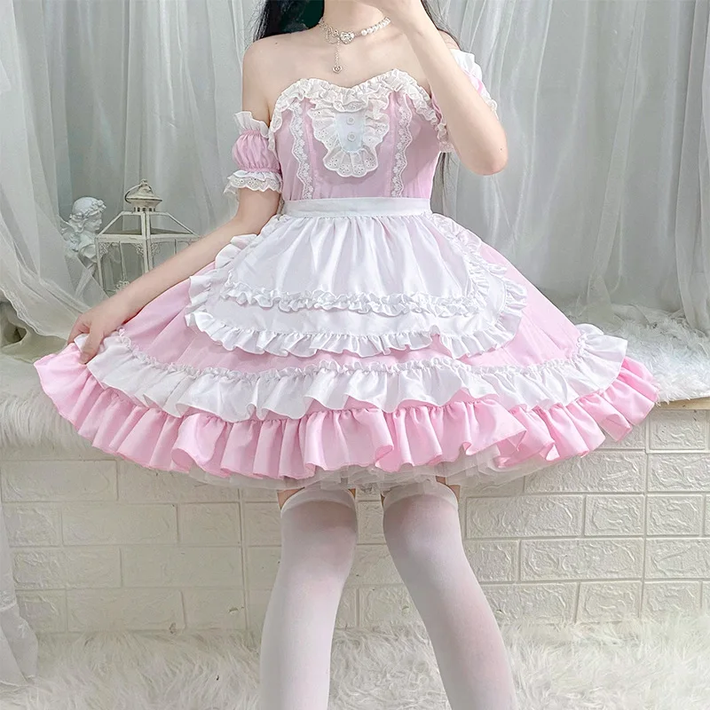 Leuke Meid Kostuum Voor Vrouwen Feest Prinses Koffie Meid Cosplay Roze Lolita Jurk Japanse Kawaii Anime Serveerster Rollenspel Outfit