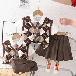 New Baby Girls Boys Clothing Toddler Summer Fashion School Children Plaid Clothes Suit T Shirt Overalls Pants 2Pcs/Set