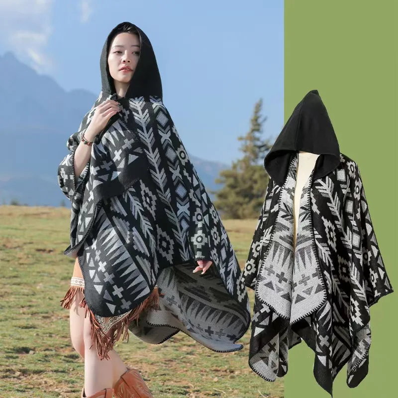 

135X150 см плащ мужские пончо с капюшоном имитация кашемира теплый туристический стиль прерий этническая шаль шарф универсальные накидки для мальчиков красный