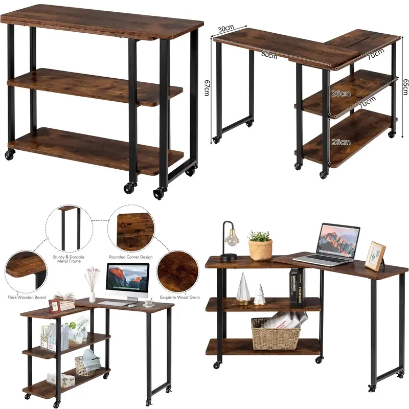for 360 Rotating L Shaped Computer Desk Living Room Sofa Corner Coffee Table End Side Table Laptop Desk with Wheels