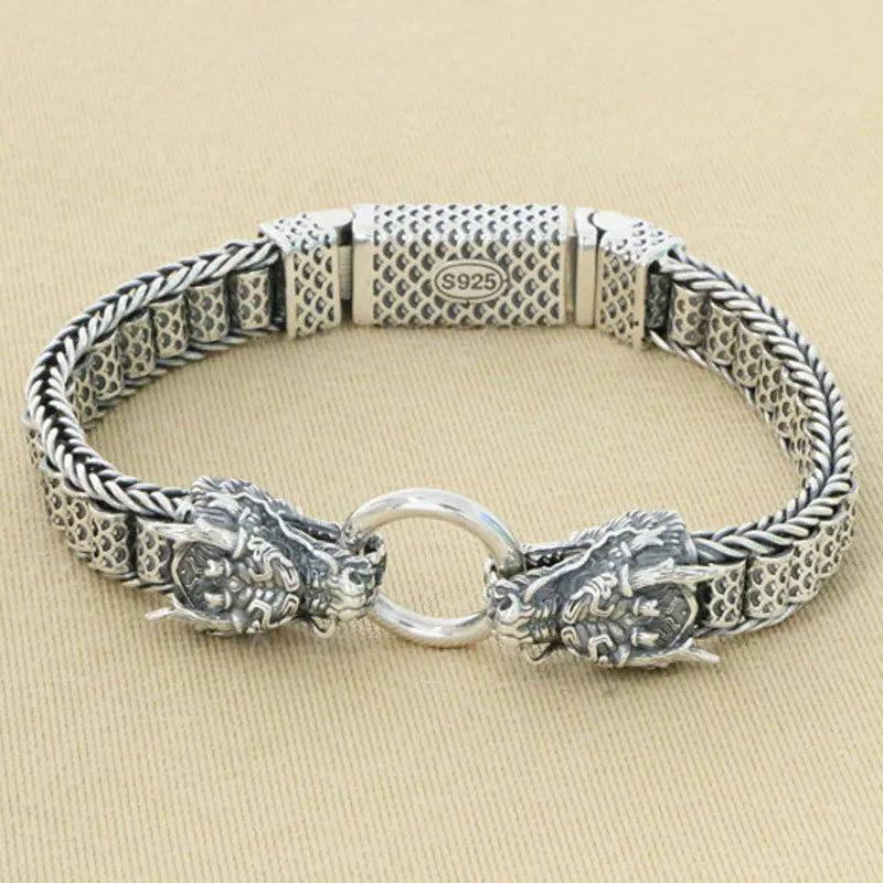 

China-Chic Seiko Sterling Silver 925 Vintage Hand woven Men's Fashion Hegemony Double Leading Bracelet Personalized Rotating Bra