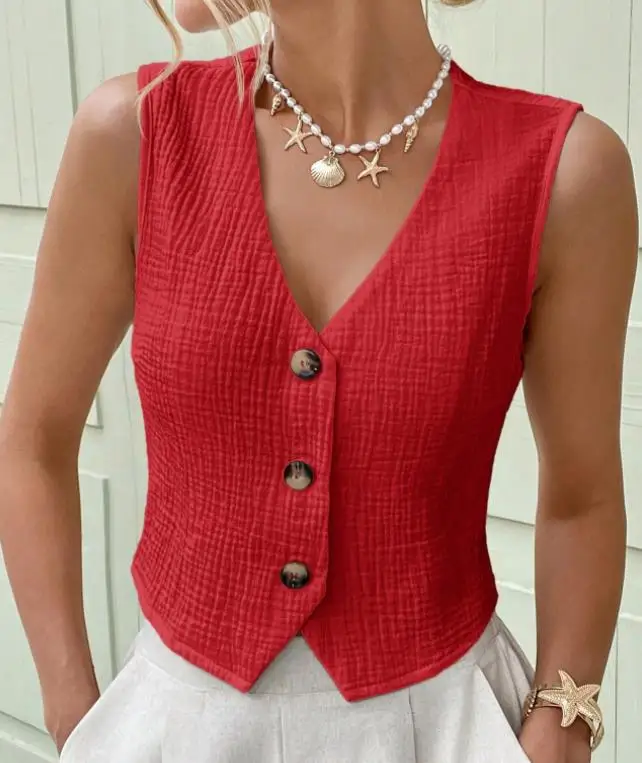 

Fashion Commuting New Women's Slim Fit Solid Color Versatile Cardigan Front Button Vest Top