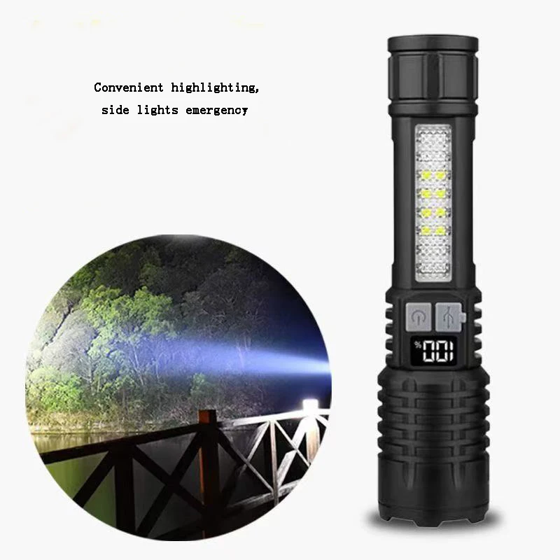 Strong Light Warning Flashlight Household Outdoor Lighting Rechargeable Digital Display Red Blue White Multi-level Side Light
