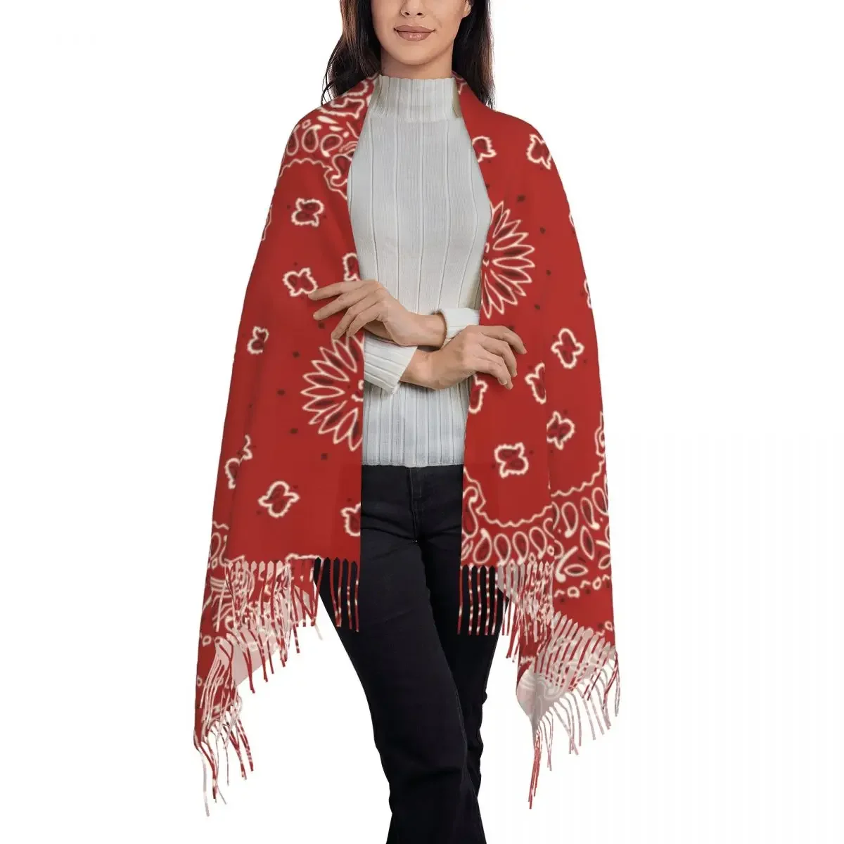 Bufanda de borla de estilo Cachemira para mujer, Bandana roja fresca de lujo, chal cálido para mujer, invierno y otoño