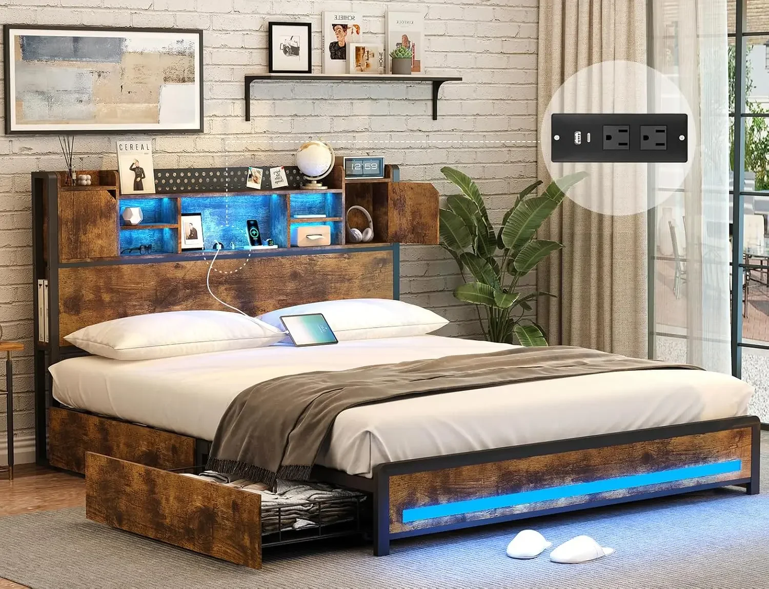 

Queen Bed Frame with Storage Drawers and Bookcase Headboard, LED Bed Frame Queen Size with Type-C & USB Ports