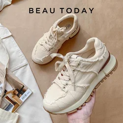 BeauToday Casual Sneakers Women Cow Suede Leather Patchwork Lace-Up Round Toe Platform Shoes Ladies Trainers Handmadee 29167