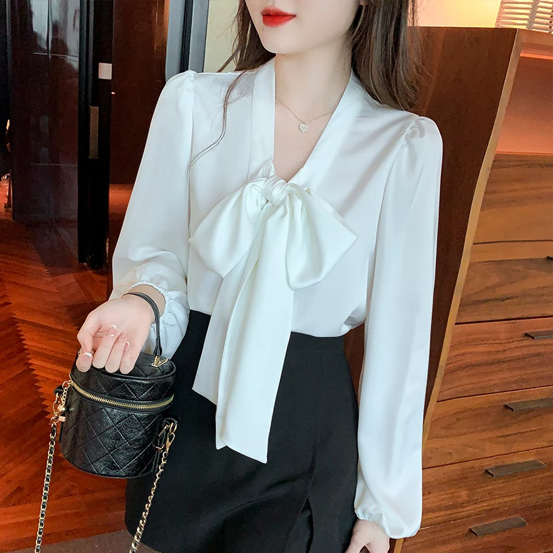 Spring Autumn Elegant Chiffon White Women's Bow Blouse 2025 New Long Sleeve V-neck Korean Casual Loose Office Lady Shirts Female
