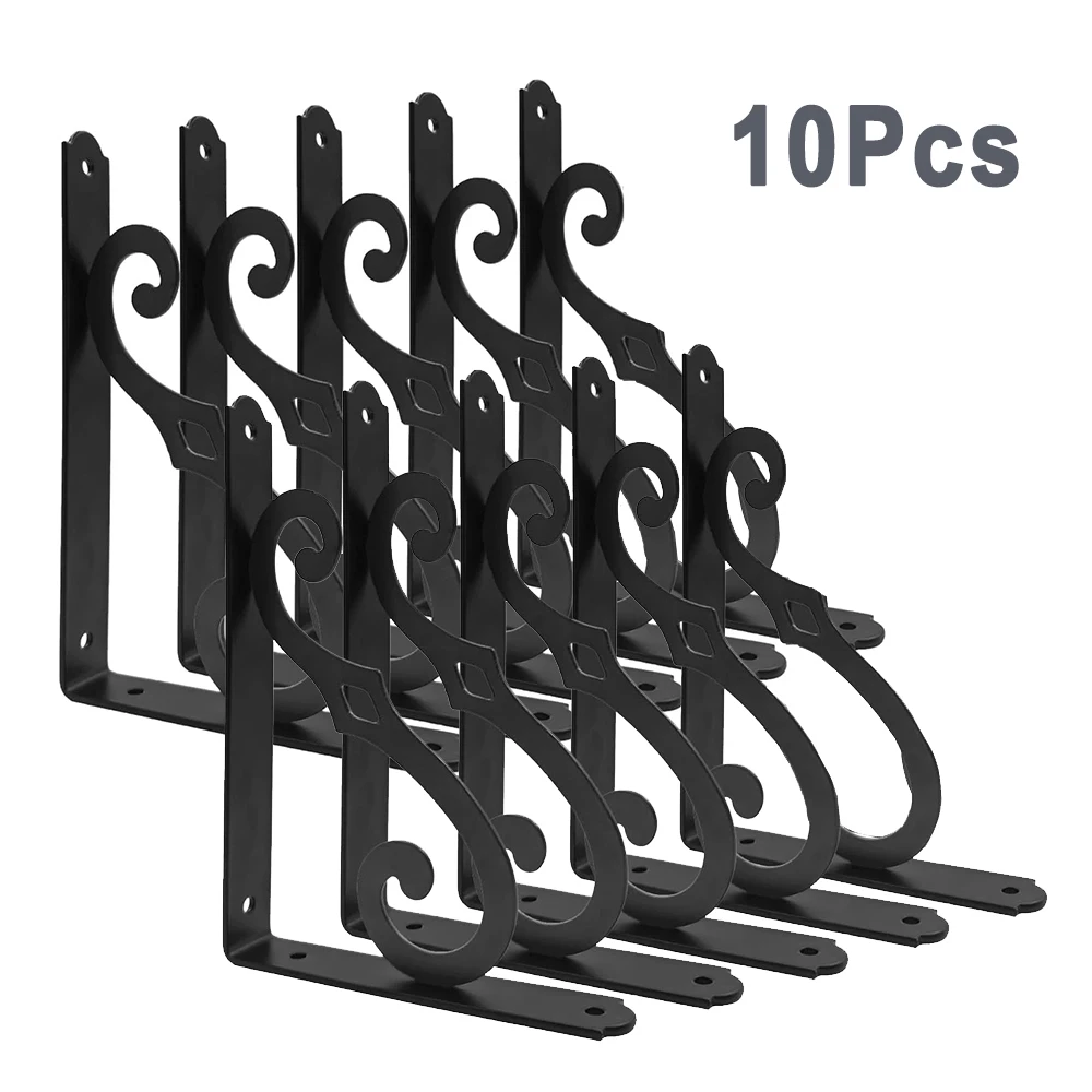 10Pcs Heavy Duty Decorative Shelf Brackets Wall Mounted L Shaped Angle Bracket Black Iron Triangle Bracket Bookshelf Supports