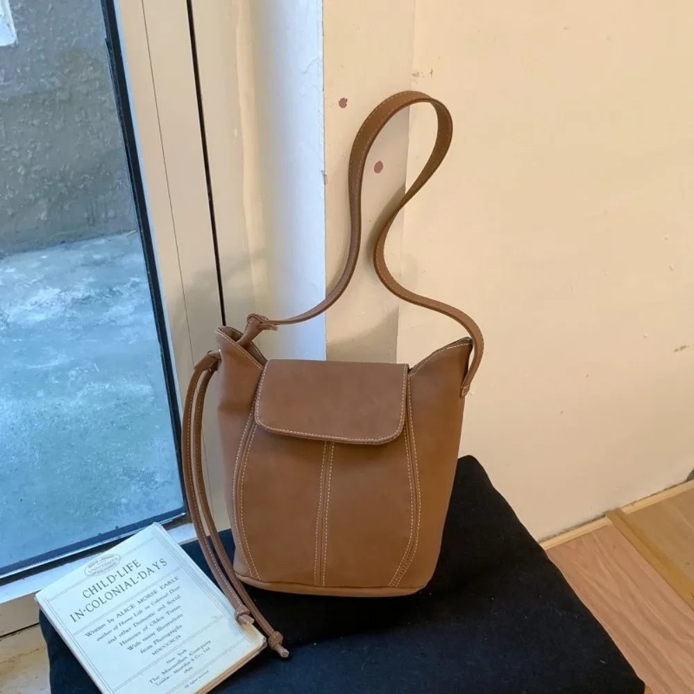Casual Frosted Suede Bucket Bag Matte Solid Color Crossbody Shoulder Bag Underarm Bag for Women