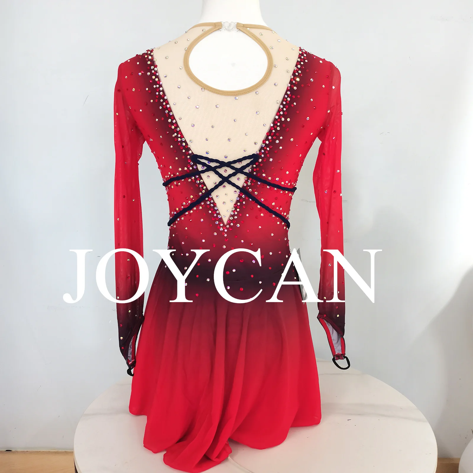 JoyCan Ice Figure Skating Gaun Gadis Spandex Merah Melar Kompetisi Dansa Pakaian Disesuaikan