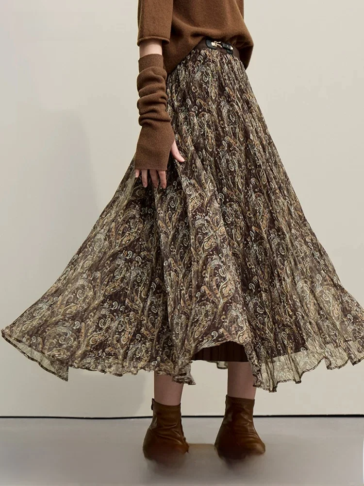 

Ретро-юбка с цветочным принтом, длинная, из полупрозрачной сетки, плиссированная, из полиэфирного волокна, повседневная, с завышенной талией, H-образного силуэта