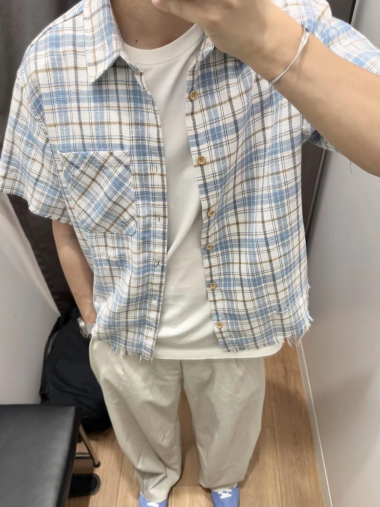 

Summer American Sle Destroyed Waed Men's Loose ort Sve Plaid irt Casual Outerwear Blue id Patterned Top