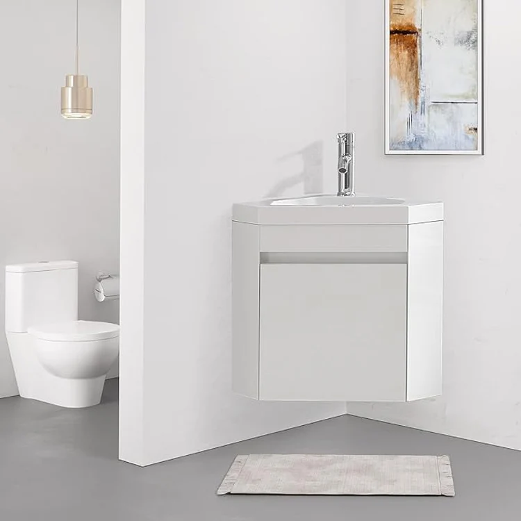 

16\" Modern Corner for Bathroom Vanity White Resin Basin Sink Top Small Space Wall-Mounted Cabinet
