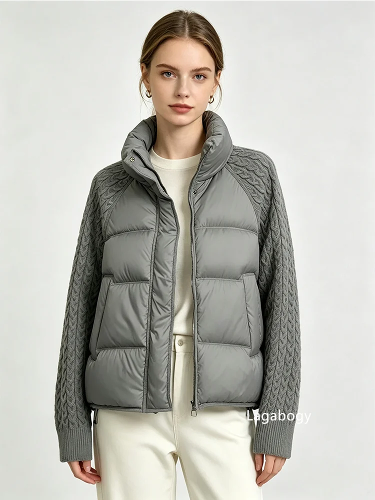 Lagabogy 2026 New Winter Turtleneck White Duck Down Jacket Women Patchwork Knitted Warm Drawstring Short Soft Puffer Coat Female