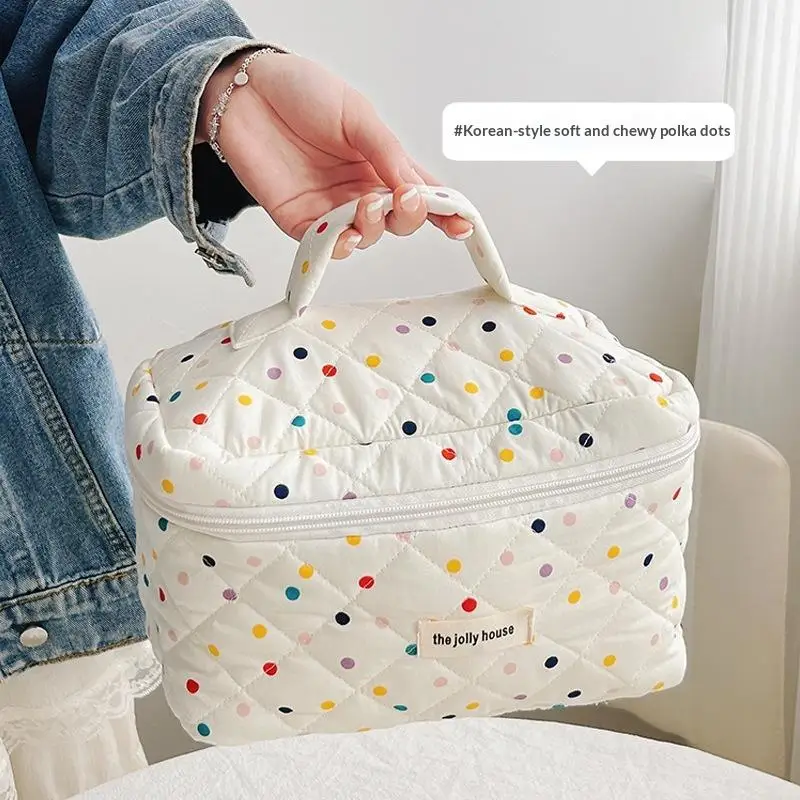 Modische Bunte Punkte Große Kapazität Gesteppte Kosmetiktasche Tragbare Reise-Make-up-Aufbewahrungstasche Damen Baumwoll-Handtaschen Geschenk – Detail 1