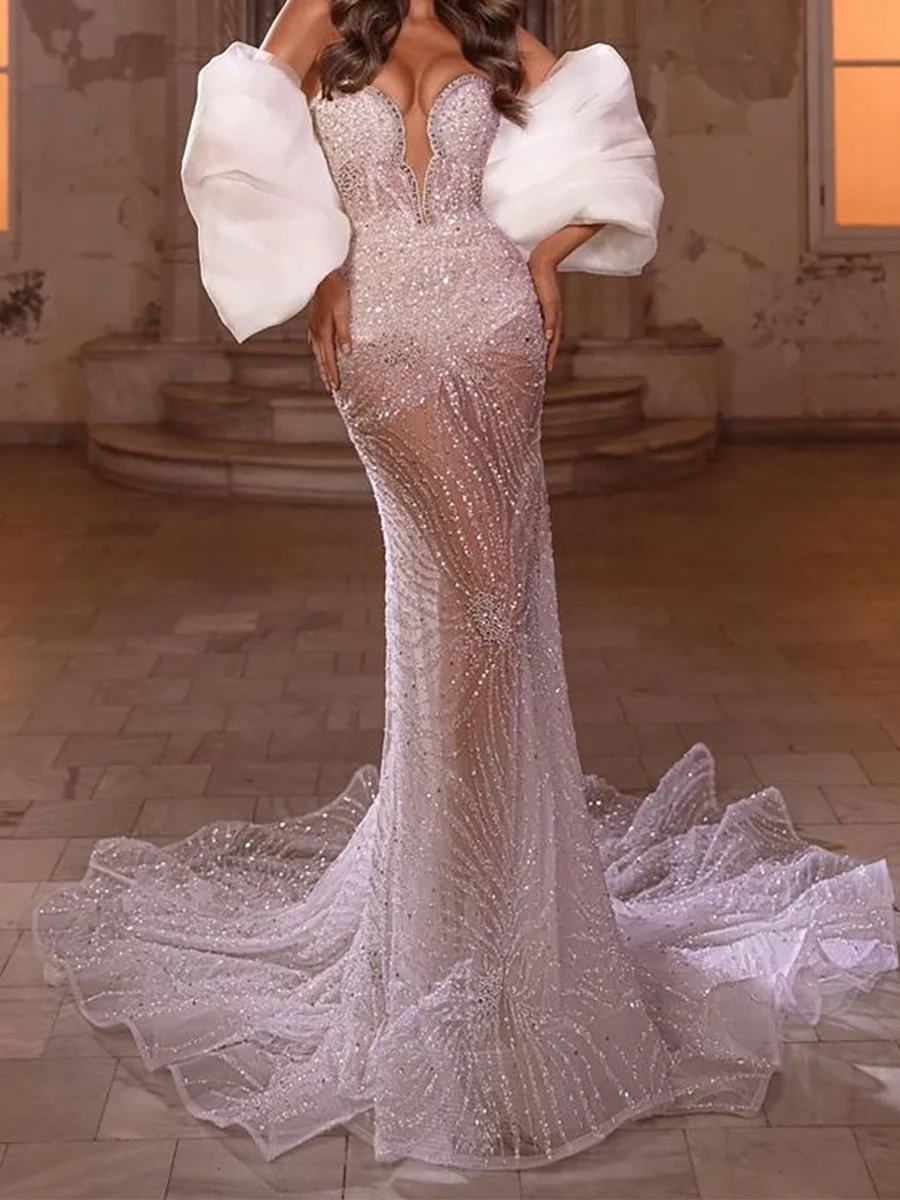 

Luxury Illusion Sweetheart Sequined Beads Sleeveless Pleat Wedding Dresses Bridal Gowns Customized