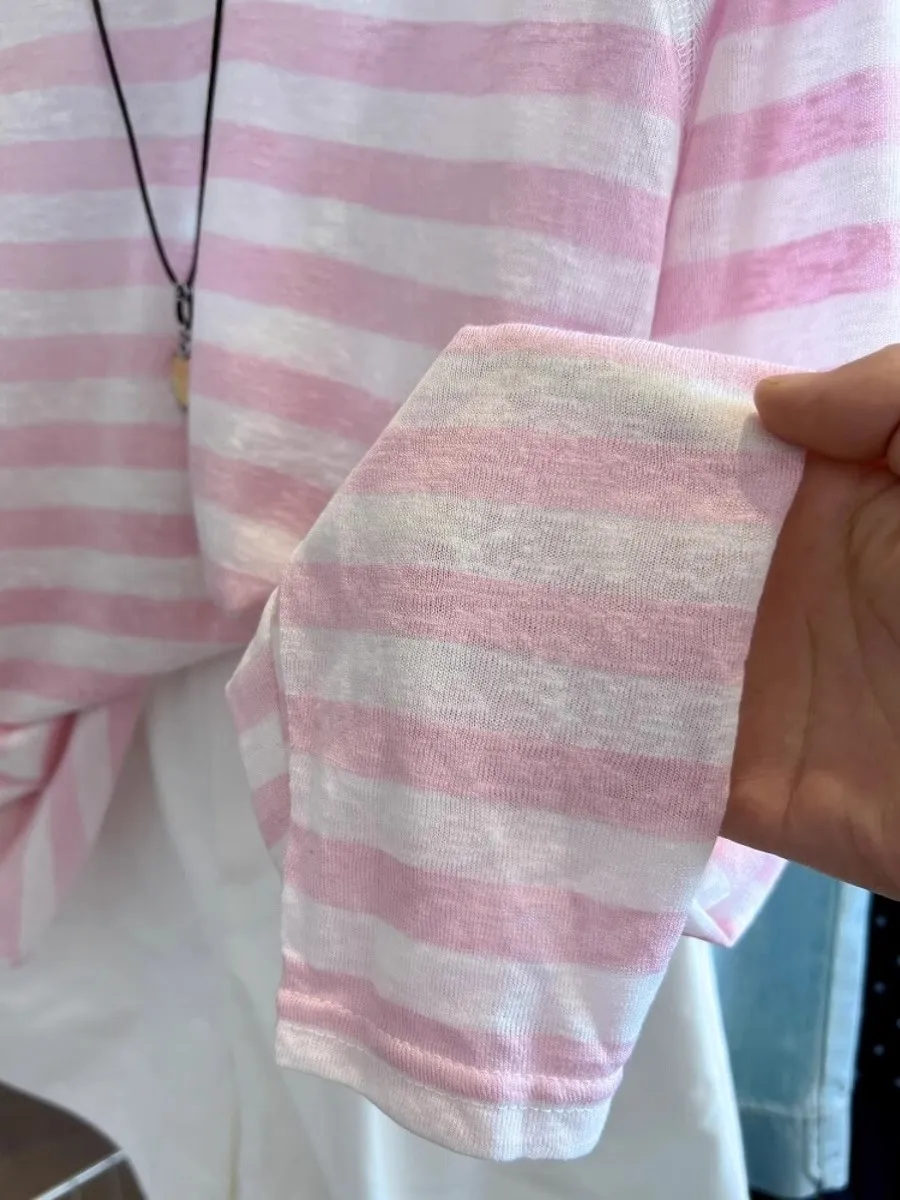 Bardzo Duży Rozmiar 300, Różowy w Paski, Długi Sweter, Damska Letnia Nowość, Elegancka Odzież Chroniąca Przed Słońcem, Mieszanka Bawełny