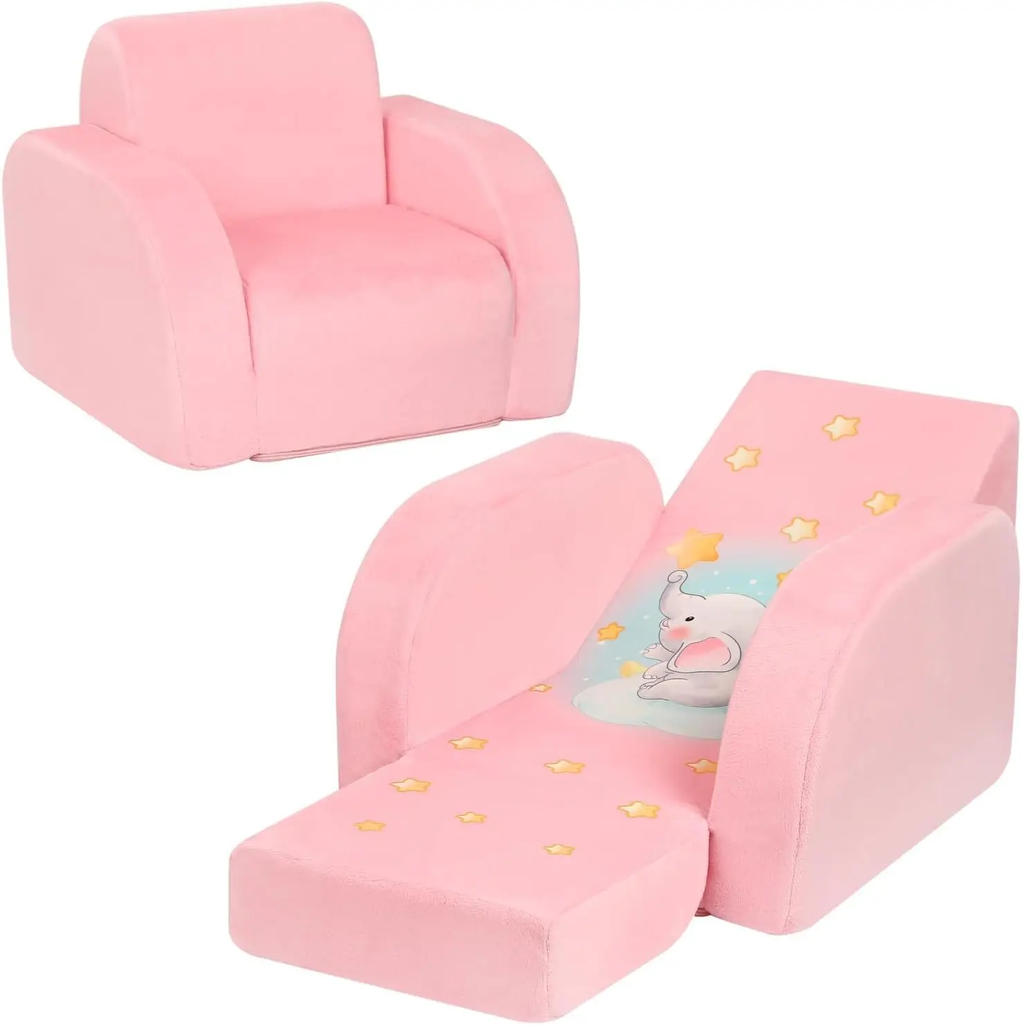 

Kids Sofa 3-in-1 Flip Open Toddler Couch Comfy Velvet Fabric Pink Lounger for Children
