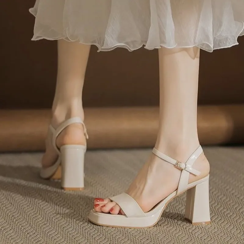 NEW Summer Woman Sandals Cow Leather Women Shoes Square Toe Super High Heels Solid Chunky Heels Beige Platform Sandals for Women