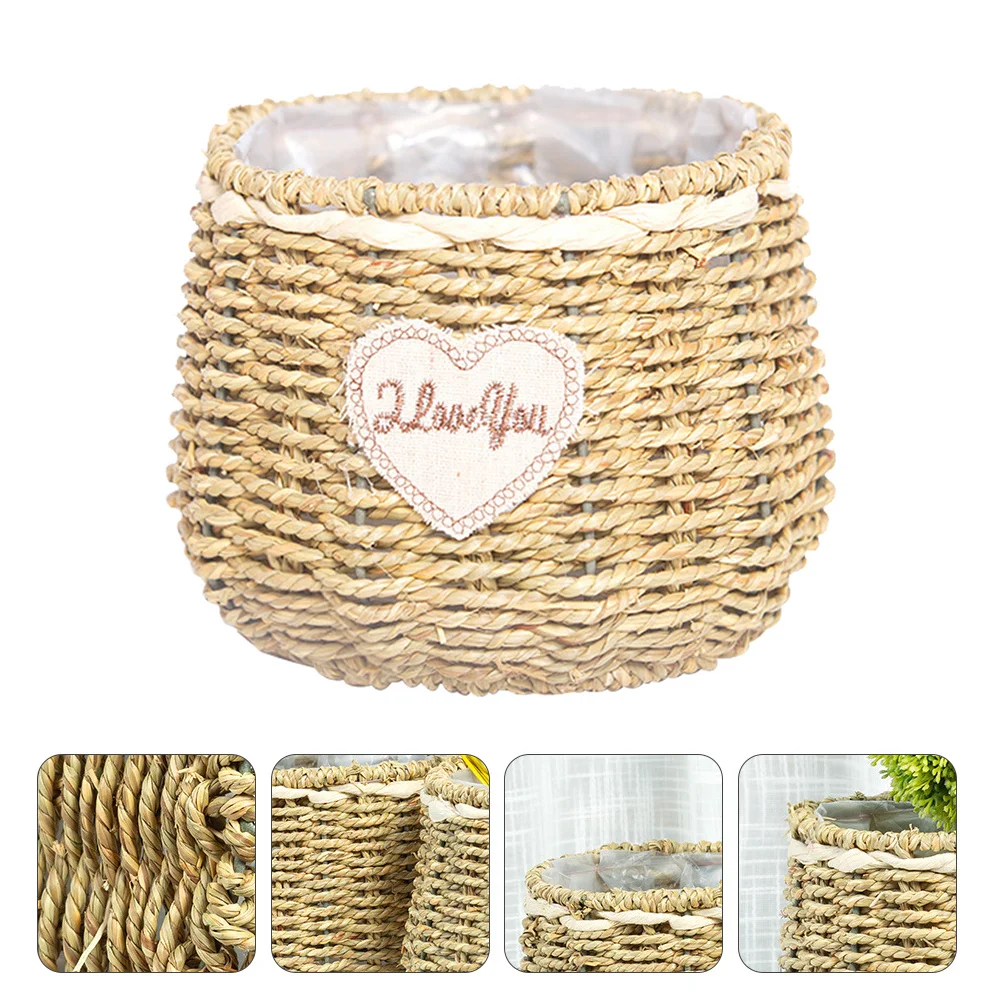

1Pcs Khaki Straw Weaving Basket Succulent Planter Eco-Friendly Natural Texture Home Decor Storage Container