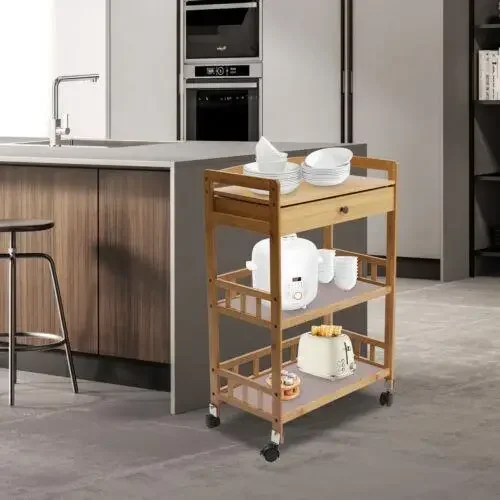 

Bamboo Kitchen Trolley with 3 Tiers – Rolling Cart with Storage Drawer, Organizer Racks, Wood Box & Light