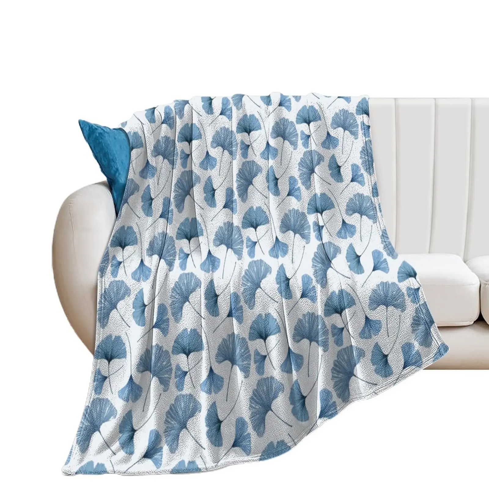 Blue & White Gingko leaf design Throw Blanket Luxury Designer Blankets For Sofas Furry Blankets