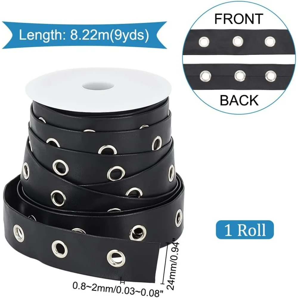 9 Yards Eyelet Trim with Grommets, 24mm Black Imitation Leather Eyelet Grommet Tape with Silver Metal Hole Ring Eyelet Twill