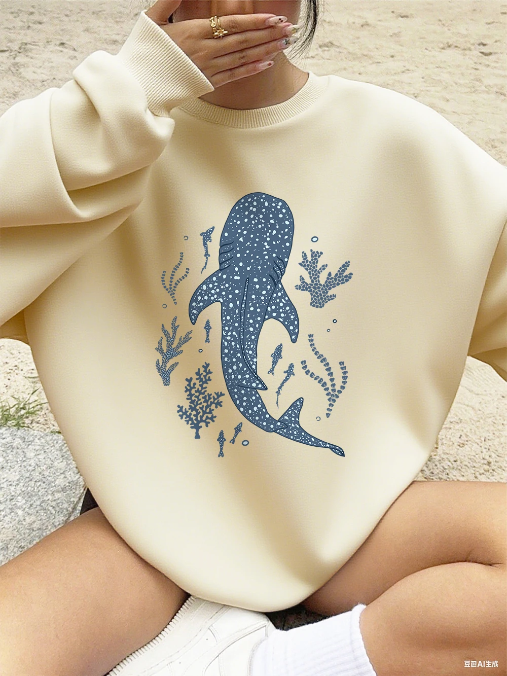 المرجان والحوت الطباعة بلوزات المرأة الخريف الصوف الدافئة هوديس Crewneck فضفاض البلوز أساسيات الملابس النسائية المريحة