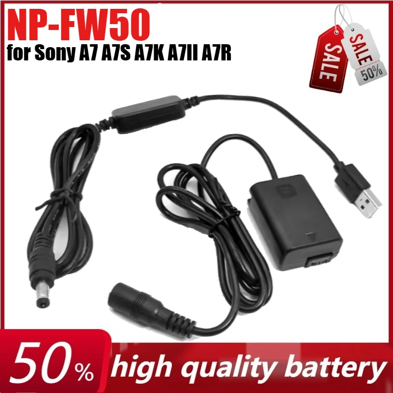

NP-FW50 AC-PW20 Dummy Battery USB Power Bank Cable for Sony A7 A7S A7K A7II A7R A7RII A5100 A6000 A6300 A6400 A5000 ZV-E10