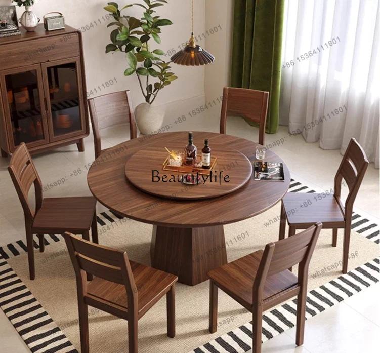 

FGLXNew Chinese solid wood black walnut medieval style round table with turntable household solid wood diningSSS