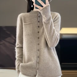 Women Sweater 100% Merino Wool Knitted Clothing Autumn New Long Sleeved Cardigan Round Neck Casual Pullover Tops Fashion Korean