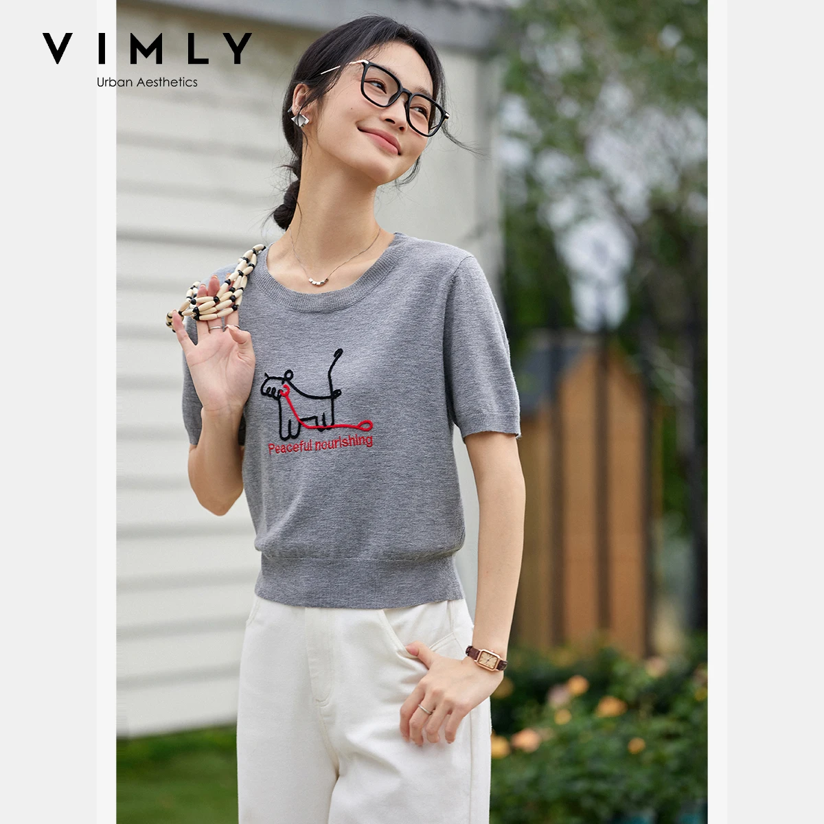 VIMLY Dames Zomer Gebreide Tops Truien Fun Puppy Geborduurd T-shirt met korte mouwen 2025, Casual gebreide trui met ronde hals 75021