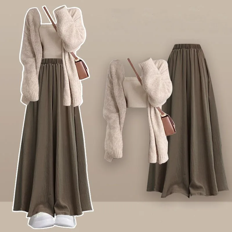 Fall/Winter Wear 2024 New Lazy Style Fashionable Unique Sweater Slimming Strap with Casual Pants and Skirts 3-Piece Set Pant Set