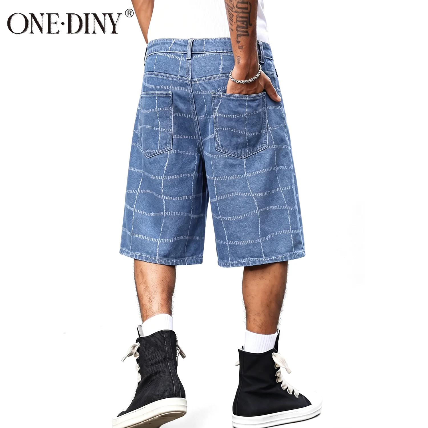 ONE·DINY Men's Vintage Wash Wide Leg Jacquard Jeans Shorts Streer Baggy Fit Knee Length Denim Short Suitable Casual Daily