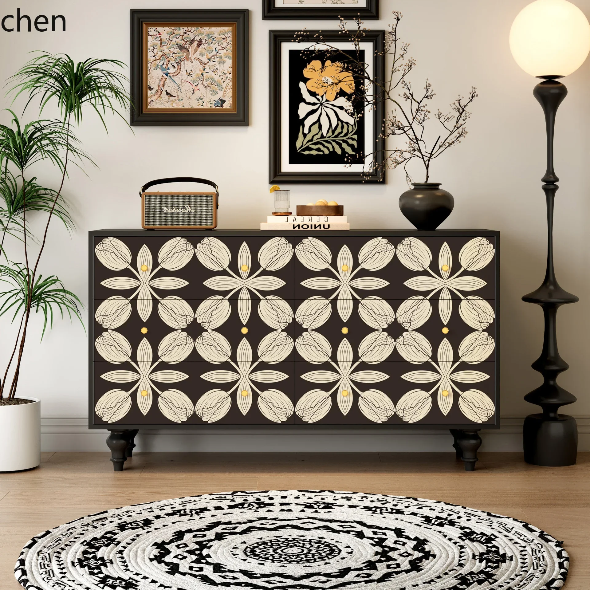 v1  Retro Six-Drawer Cabinet Sideboard Wall-Mounted Storage Cabinet for Living Room and Bedroom Multi-Functional Storage